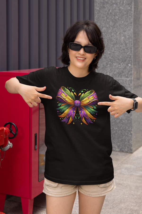 Mardi Gras Coquette Dragonfly T-Shirt with Feathers and Glitter Accents - Image 4