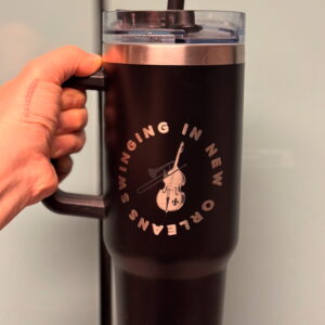 Laser engraved 40oz black stainless steel tumbler with handle featuring Swinging in New Orleans upright bass logo – custom band merch for musicians